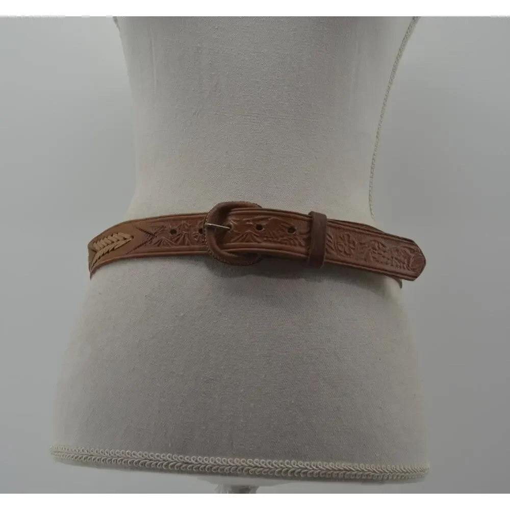 Western Brown Leather Belt Tooled Cowgirl Sz Small Festival